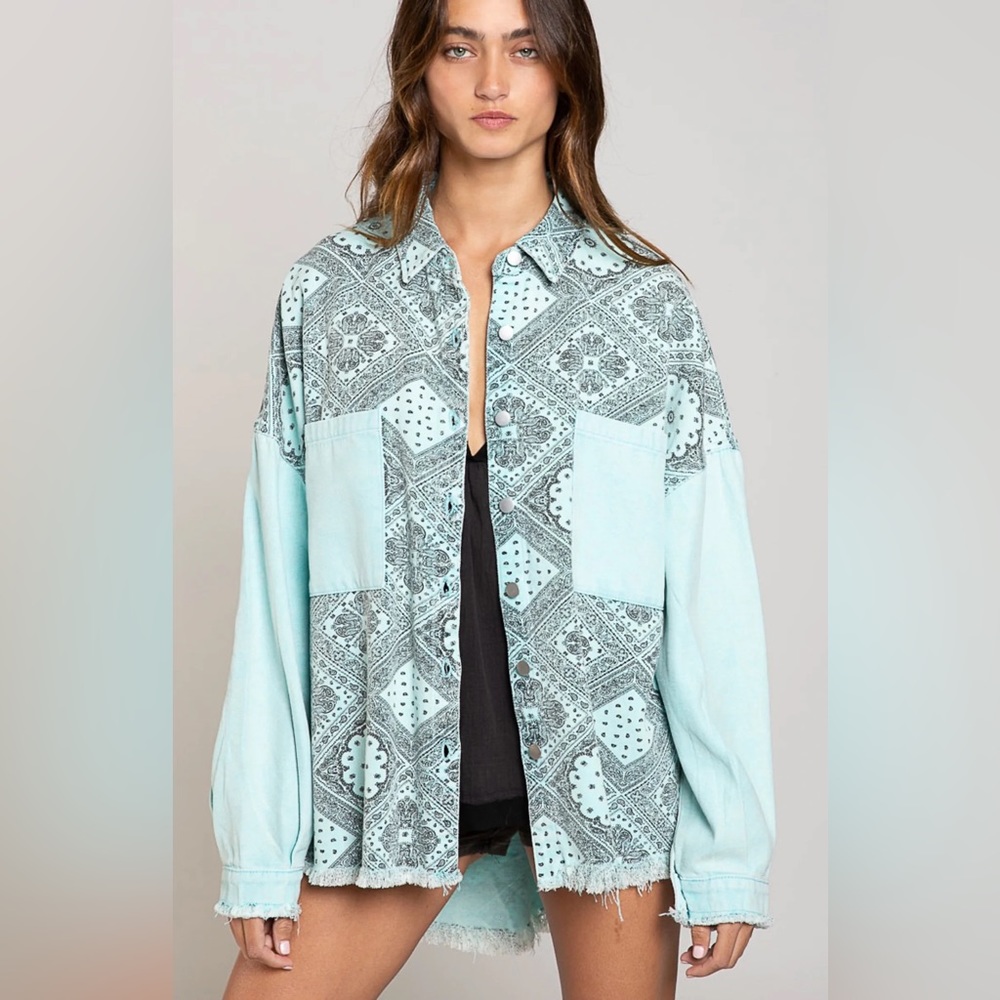 🤍3x HP🎉 Oversized Distressed Style Paisley Boyfriend Shirt Jacket Shacket NWT